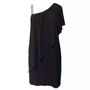 Roz & Ali Black One-Shoulder Draped Cocktail Dress with Jeweled Strap